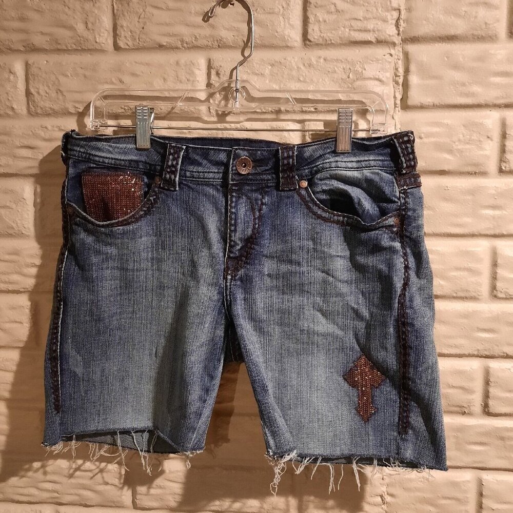 Cowgirl Tuff Bermuda Jean Shorts Womens 30 Jean Cutoffs Bronze Sequin Cross